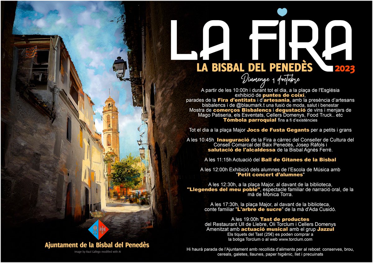 BisbalPenedes's tweet photo. LA FIRA | 🥳Ja la tenim aquí! Aquest diumenge, gaudiu de la Fira i passegeu pels carrers de #LaBisbalDelPenedès, plens de l'art dels artistes del #GraffTechFest!
🎫Recordeu que per adquirir els tiquets de la degustació de les 19h us heu d'adreçar a @Torclum Oli d'Oliva. https://t.co/QcKhMaSgCt