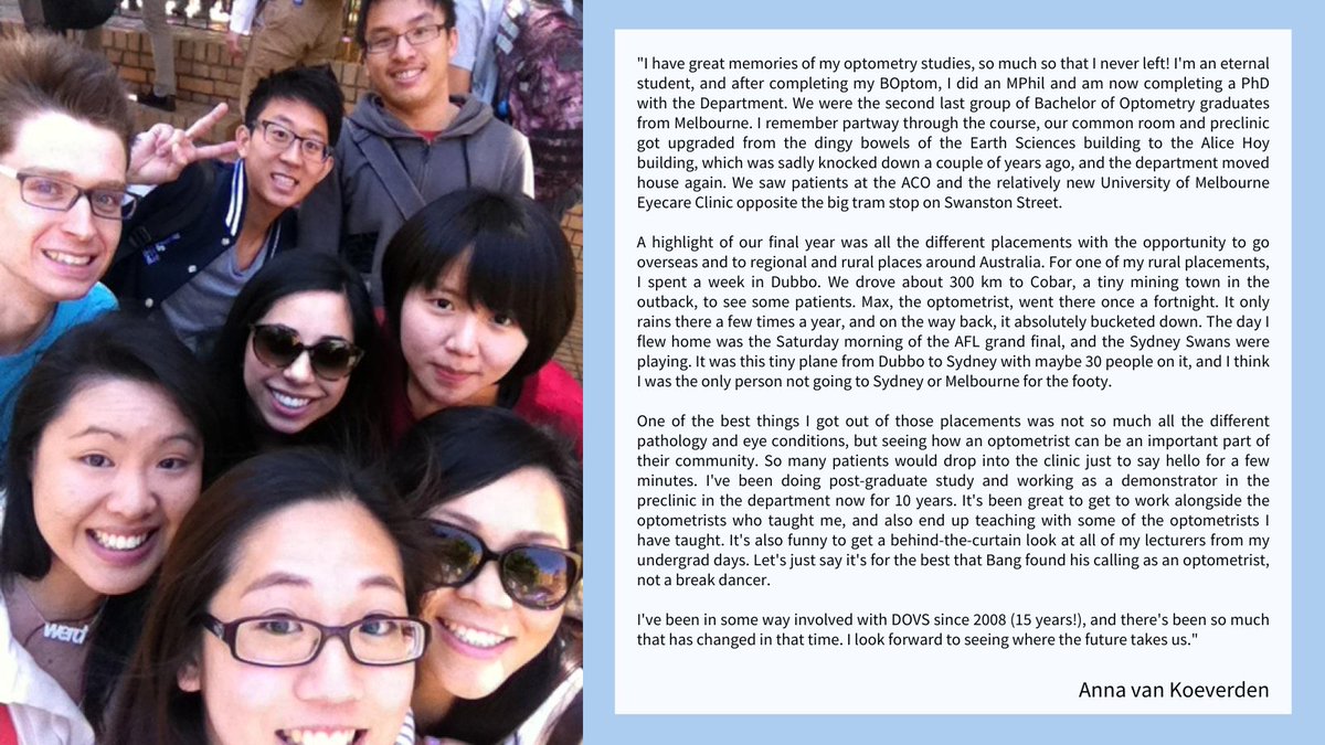 UniMelbDOVS's tweet photo. This week, we revisited the graduating class of 2012’s optometry journey. Anna van Koeverden, a part of that class, shares her cherished memories from that time." 📚 https://t.co/uEAn3UxitE