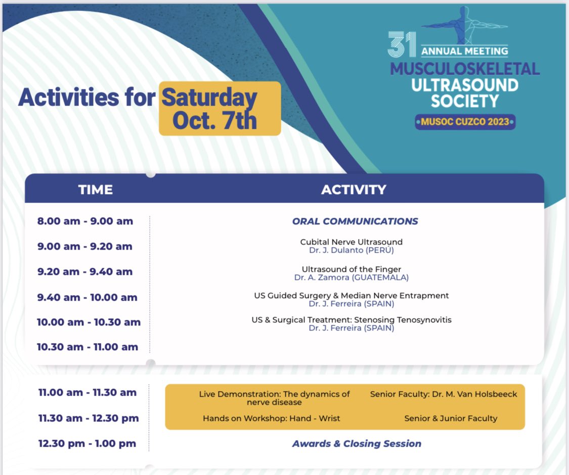 En una semana comienza una de las reuniones más importantes de Ecografia MSK en el mundo. Junto al Dr Ferreira y Dr. de Teresa allí estaremos con los grandes maestros de la Ecografia <a href="/HolsbeeckMarnix/">Marnix van Holsbeeck</a> Dr. Bouffard, Dr Draghi….#Ultrasound #MSK #MUSOC #Cuzco