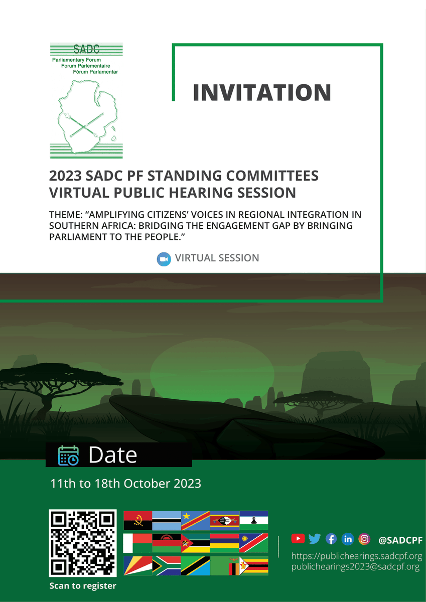 📢 Join us for the SADC PF Standing Committees virtual public hearings from Oct 11-18, 2023, under the theme 'Amplifying Citizens’ Voices in Regional Integration in Southern Africa.' 🌍 Let's bridge the engagement gap! #Parliaments4People 👉Register here: publichearings.sadcpf.org