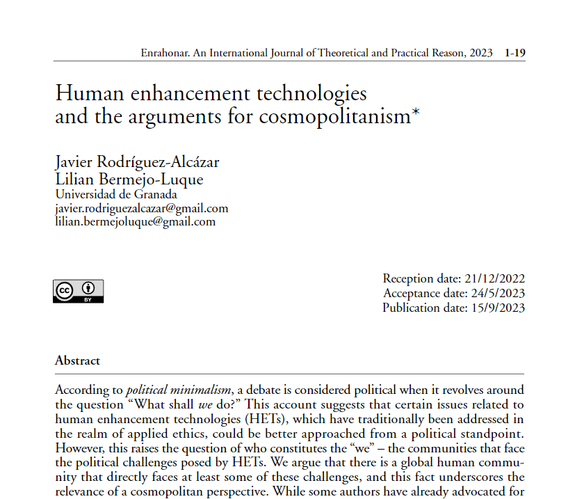 FiloLab_UGR's tweet photo. .@lilianbluque y @JavierRAlcazar, investigadores de #FiloLab, han publicado recientemente en la revista @enrahonar el artículo «Human enhancement technologies and the arguments for cosmopolitanism», os invitamos a leerlo 👇🏽

https://t.co/tNp24asItK https://t.co/yOi9iBmrJd