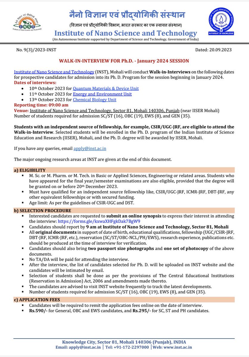 RamendraSundar1's tweet photo. #Walkininterview for the #PhDposition at @INSTMohali  on 11th October 2023. Visit here. https://t.co/URcwYoeSVd.
3 positions are available with @DENanoMat1 group on #electrochemistry, #energystorage, #greenfuel, #ammoniasynthesis, #Battery 
Details here.
https://t.co/NfIX29lNYc https://t.co/ricZrzw8Ja