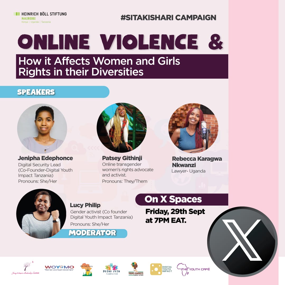 Don't miss out on our Twitter Space event happening on September 29th at 7 PM EAT. We'll delve into the effects of online violence on women and girls from diverse backgrounds. Let's raise awareness and seek solutions together! @HBSNairobi 

#Enddigitalviolence
#sitakishari