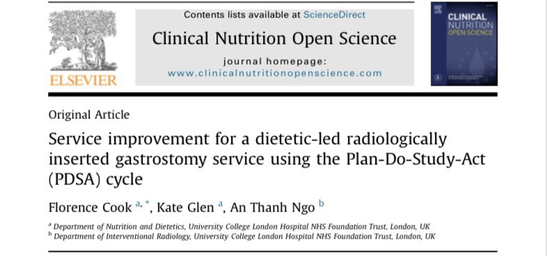 Florence Cook (@florencecookrd) on Twitter photo Dietitians are optimally placed to lead on gastrostomy pathways in head and neck cancer.
We used the PDSA quality improvement framework to update our local dietetic-led gastrostomy pathway for RIG tubes in the head and neck service <a href="/uclh/">UCLH</a> <a href="/UCL_HNAC/">UCL Head & Neck Academic Centre</a>.
➡️ clinicalnutritionopenscience.com/article/S2667-… Dietitians are optimally placed to lead on gastrostomy pathways in head and neck cancer.
We used the PDSA quality improvement framework to update our local dietetic-led gastrostomy pathway for RIG tubes in the head and neck service <a href="/uclh/">UCLH</a> <a href="/UCL_HNAC/">UCL Head & Neck Academic Centre</a>.
➡️ clinicalnutritionopenscience.com/article/S2667-…