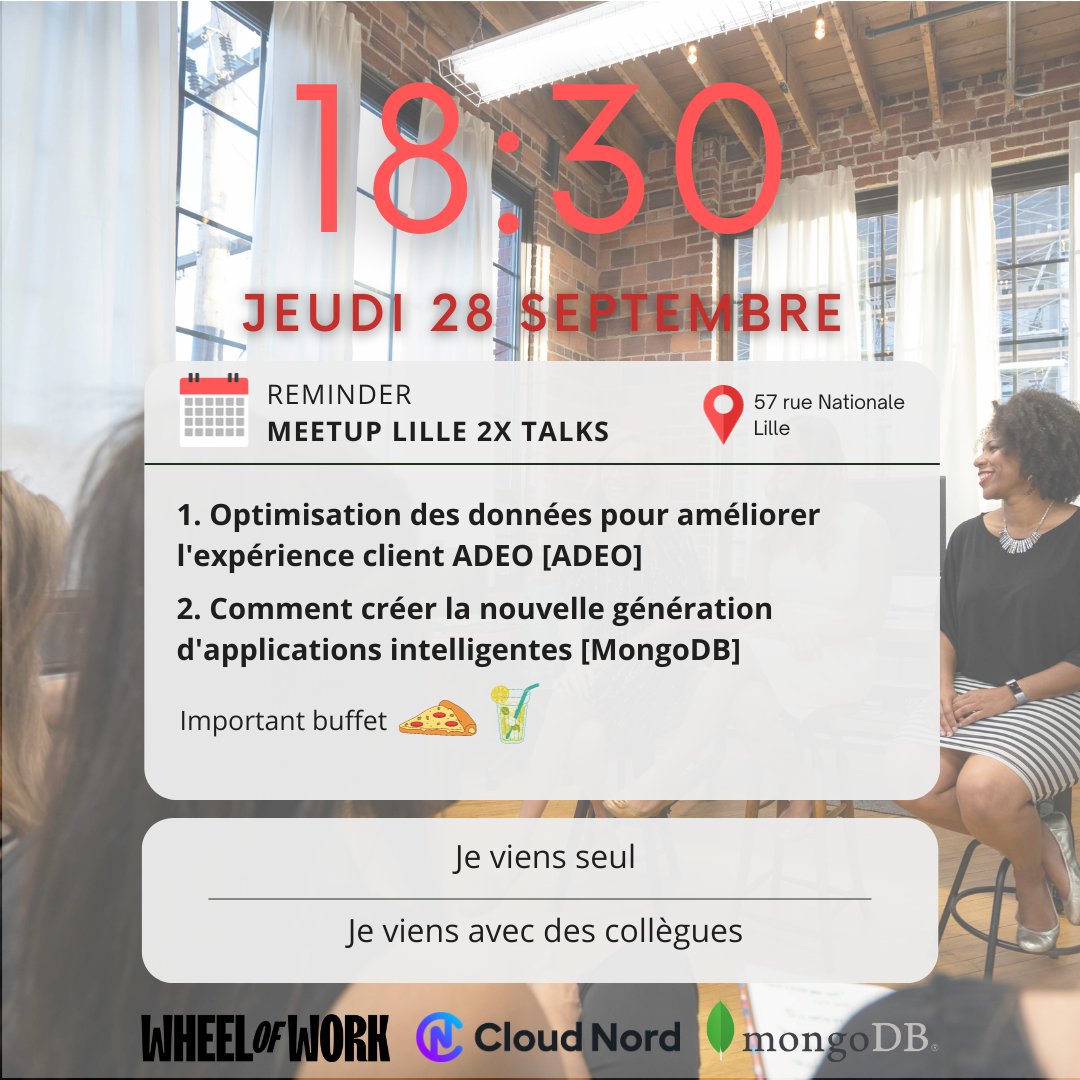 Meetup #DevOps Lille c'est ce soir ! 

Merci à nos sponsors et intervenants du soir #ADE0 <a href="/MongoDB/">MongoDB</a> et #wheelofworks

Inscription et infos 👉meetup.com/devops-lille-b…