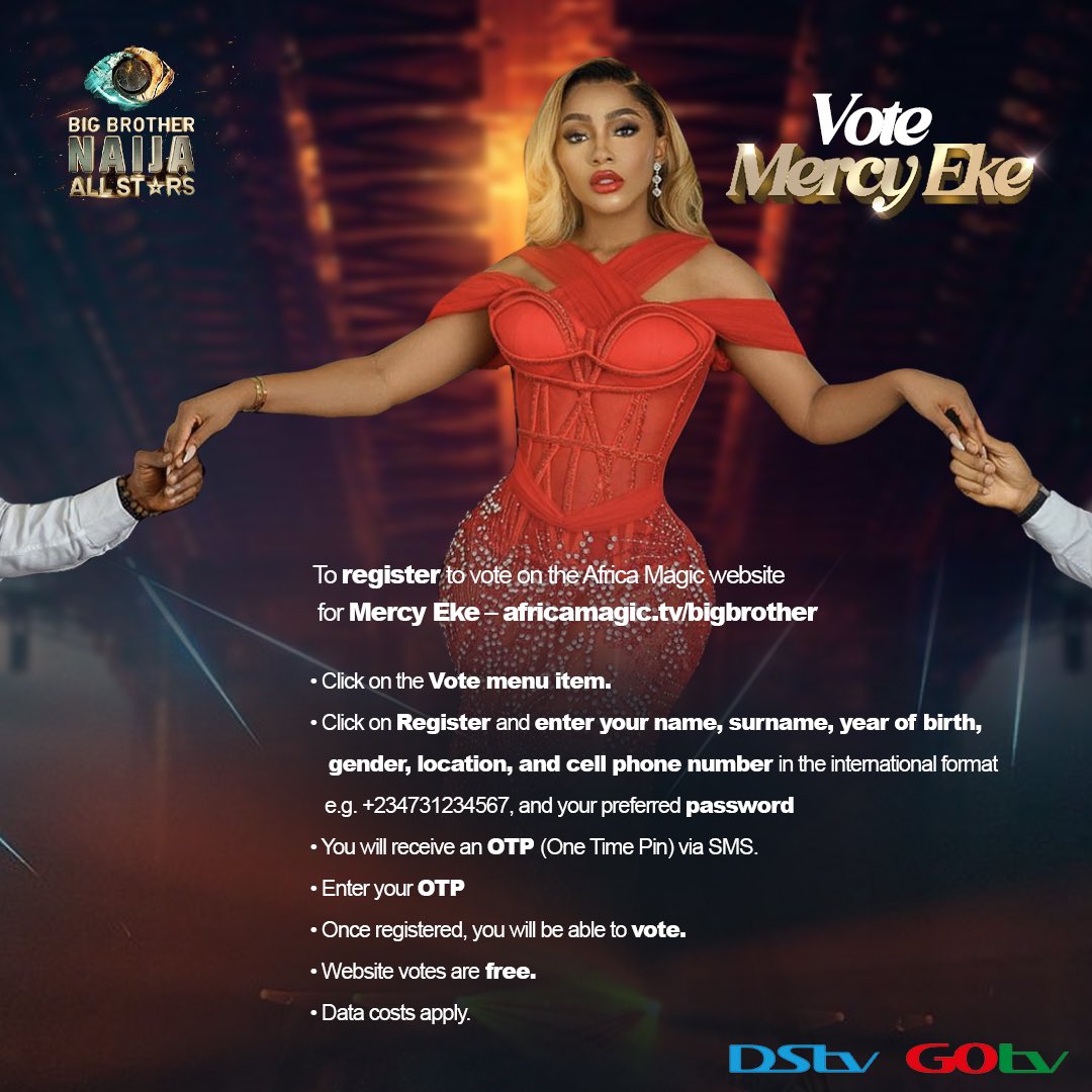 real_mercyeke's tweet photo. WE ARE ALMOST THERE‼️

It’s a new day to push towards our goal 💪🏼 No distractions 🙏🏽

Vote Mercy Eke on your DSTV App‼️
Vote Mercy Eke on your GOTV App‼️
Vote Mercy Eke on the Africa Magic Website ‼️

#BBNaija #BBNaijaAllStars https://t.co/2zO691e87P