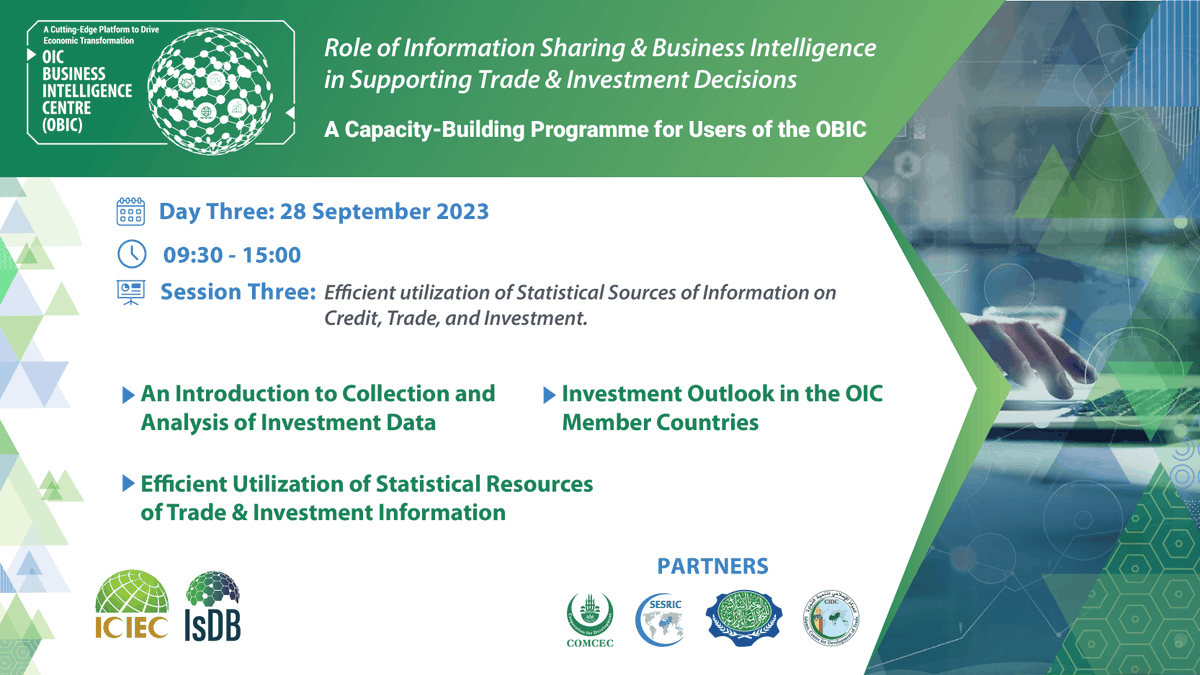 ICIEC_IDB's tweet photo. In this engaging session, our leading experts opine their views on the theme, “Efficient Utilization of Statistical Sources of Information on Credit, Trade, and Investment.”
#ICIECImpact #CapacityBuilding #SDGs #TradeDevelopment #OBIC #BusinessIntelligence https://t.co/QDw3AFYQcY