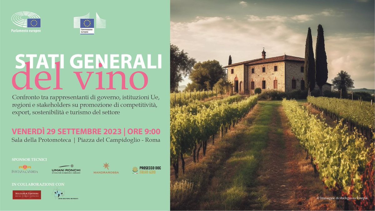 🗓️Al via gli Stati Generali del vino

❗Appuntamento al 29 settembre, ore 9 presso la Sala della Protomoteca del Campidoglio a Roma. Un momento di confronto sui temi legati al settore vitivinicolo europeo a cui parteciperà la Presidente del Gruppo Vino #Federvini Albiera Antinori