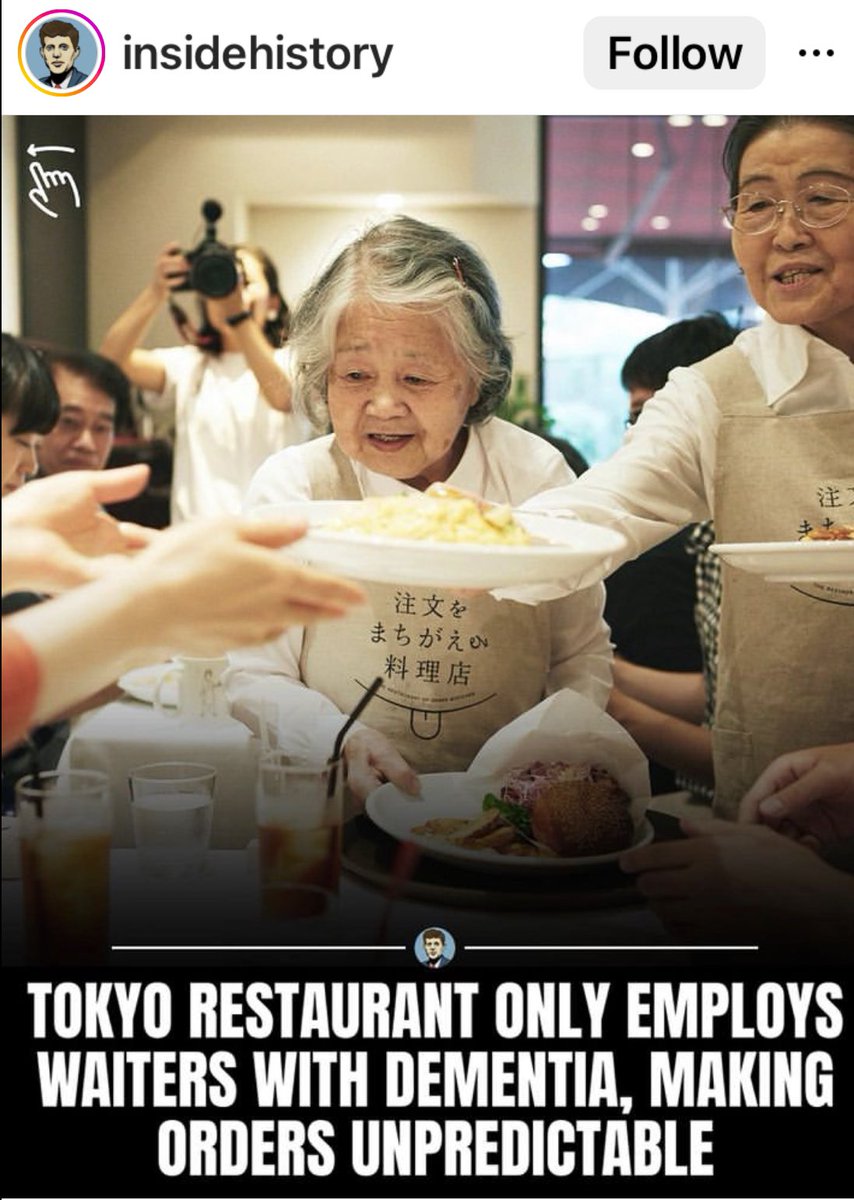 Rachadaspoke's tweet photo. ร้านอาหารที่โตเกียวแห่งหนึ่ง จ้างผู้ป่วยโรคสมองเสื่อม #dementia เป็นพนักงานเสริฟ แน่นอนว่าสิ่งที่ตามมาคือ สั่งอย่างได้อย่าง นอกจากจะไม่มีลูกค้าคนไหนไม่พอใจ คงจะลุ้นๆด้วยซ้ำว่าจะได้เสริฟอะไร..ธุรกิจเกี่ยวกับผู้สูงอายุ โอกาสเติบโตแน่นอน เพราะเราอยู่ใน #สังคมสูงวัย https://t.co/ER7PYO45cH