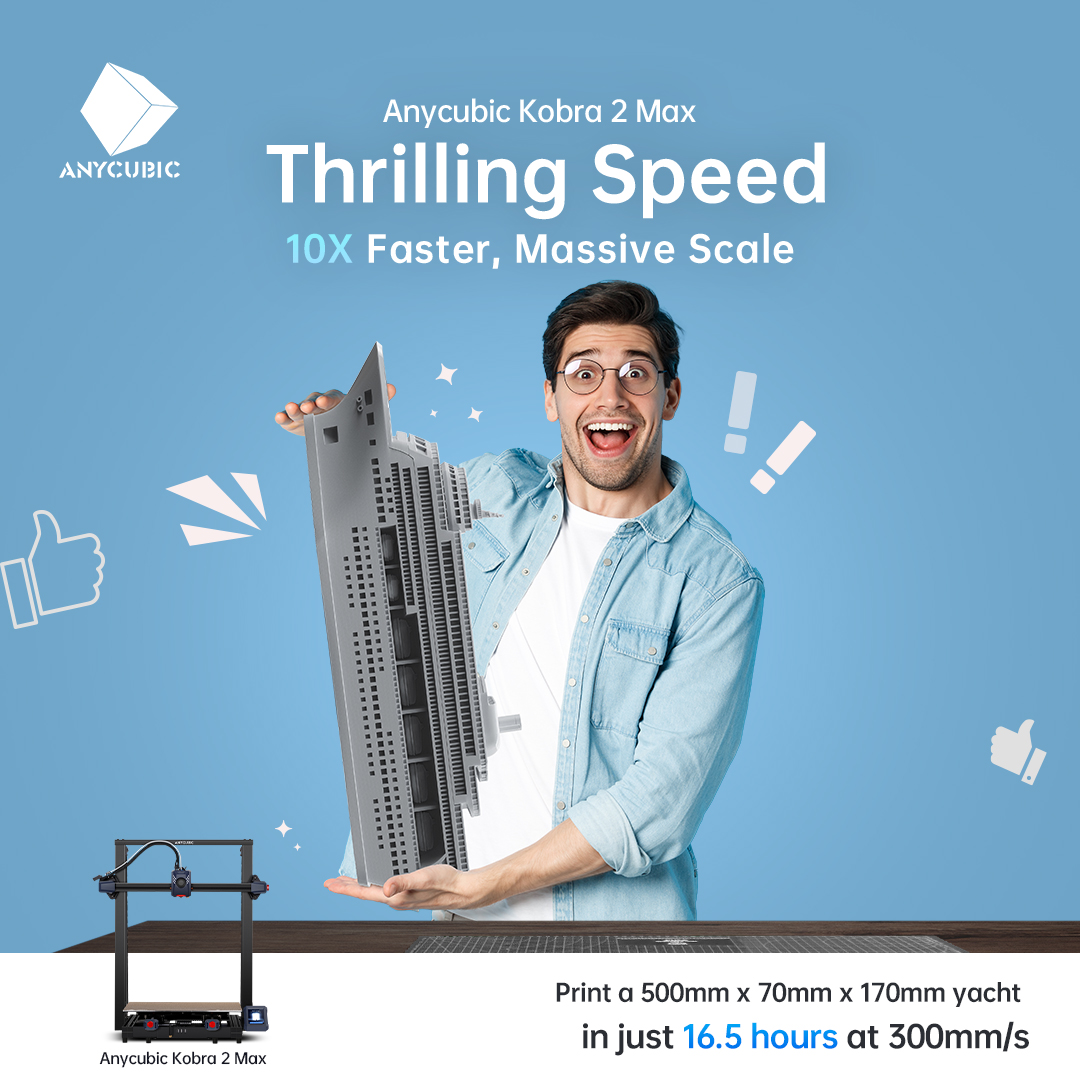 anycubic3dprint's tweet image. Anycubic Kobra 2 Max — Speed exceeds, Size expands 🚀 
Wrap up your print in the time it takes to play a game round or jam to six of your favorite tracks 🎮🎵.
Get yours: bit.ly/47RZdZ9
#3dprinter #anycubickobra2max #large3dprinter #big3dprinter