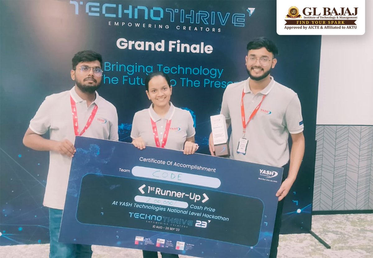 glbajaj's tweet photo. #GLBajaj (GLBITM) is proud to share another great #Hackathon #News.
Students of Team C.O.D.E Aman, Shashank and Prarthana from the https://t.co/HcPhrKLBIS CSE Department have secured 2nd Position at TechnoThrive 2023, a #NationallevelHackathon with a cash prize of Rs. 2 Lakh. https://t.co/omQl7DKfoj