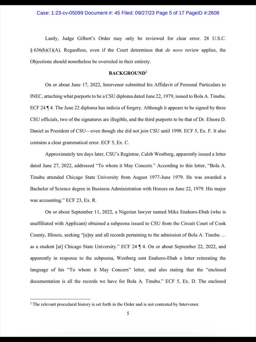 Drelmoatiku's tweet photo. Boom 🔥💥 @atiku counsel filed in a 17-page reply to Bola Tinubu’s objections. Give reasons why Judge Nancy Maldonado should discountenance and overrule Bola Tinubu’s objections and the Chicago State University to release the requested documents to @Atiku 

They seek the district court to, among others;
[1] Throw far away Bola Tinubu’s Objections in their entirety. If the Court overrules the Objections, it should 👇
[2] Sustain the order of magistrate Jeffery T. Gilbert.
[3] Order Chicago State University to proceed with the production of all the required documents no later than October 2, 2023
[4] Make deposition scheduled no later than October 3 to allow time for transcripts to be finalized
[5] The discovery obtained needs to be sent to Nigeria (which is six (6) hours ahead) by October 4.
[6] The evidence may, in turn, be filed with the Supreme Court by October 5
[7] October 5 is when the Applicant’s Nigerian counsel intends to submit any new evidence to the Supreme Court.

The complete document is herein attached for your reading delight as we prepare to unveil and undress the fraudster called Sangodele Ogunlere Yekini Amoda, aka Bola Ahmed Tinubu ADEKUNLE