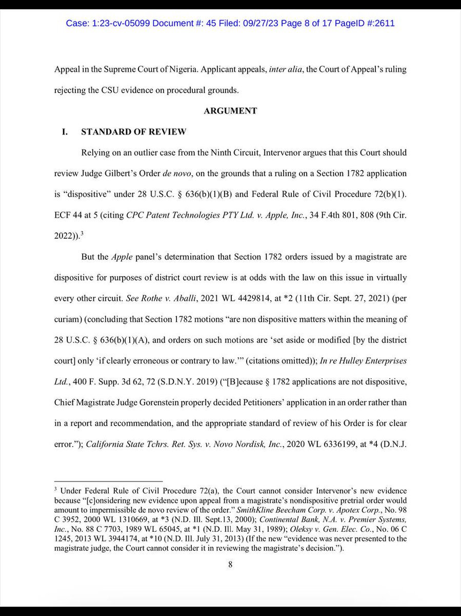 Drelmoatiku's tweet photo. Boom 🔥💥 @atiku counsel filed in a 17-page reply to Bola Tinubu’s objections. Give reasons why Judge Nancy Maldonado should discountenance and overrule Bola Tinubu’s objections and the Chicago State University to release the requested documents to @Atiku 

They seek the district court to, among others;
[1] Throw far away Bola Tinubu’s Objections in their entirety. If the Court overrules the Objections, it should 👇
[2] Sustain the order of magistrate Jeffery T. Gilbert.
[3] Order Chicago State University to proceed with the production of all the required documents no later than October 2, 2023
[4] Make deposition scheduled no later than October 3 to allow time for transcripts to be finalized
[5] The discovery obtained needs to be sent to Nigeria (which is six (6) hours ahead) by October 4.
[6] The evidence may, in turn, be filed with the Supreme Court by October 5
[7] October 5 is when the Applicant’s Nigerian counsel intends to submit any new evidence to the Supreme Court.

The complete document is herein attached for your reading delight as we prepare to unveil and undress the fraudster called Sangodele Ogunlere Yekini Amoda, aka Bola Ahmed Tinubu ADEKUNLE