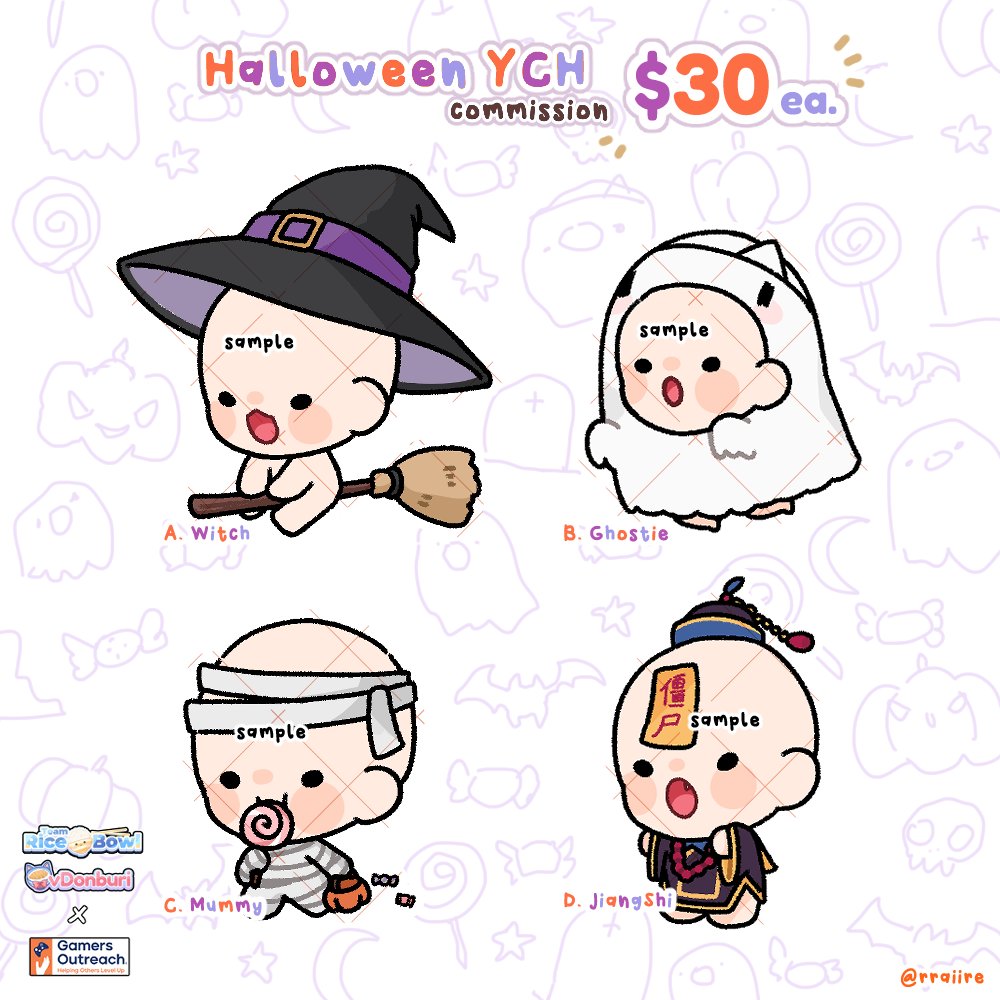 [♡ + ↻ are appreciated] 👻 #VGenOpen 

I'll be joining @Team_RiceBowl &amp; @vDonburi to work with Gamer Outreach throughout October for a charity event! 
YCHs will be open for $30 each.

how to order? › https://t.co/8eQTHUFinw
⤷ ends 30 Oct @ 12.00 am gmt+08 
