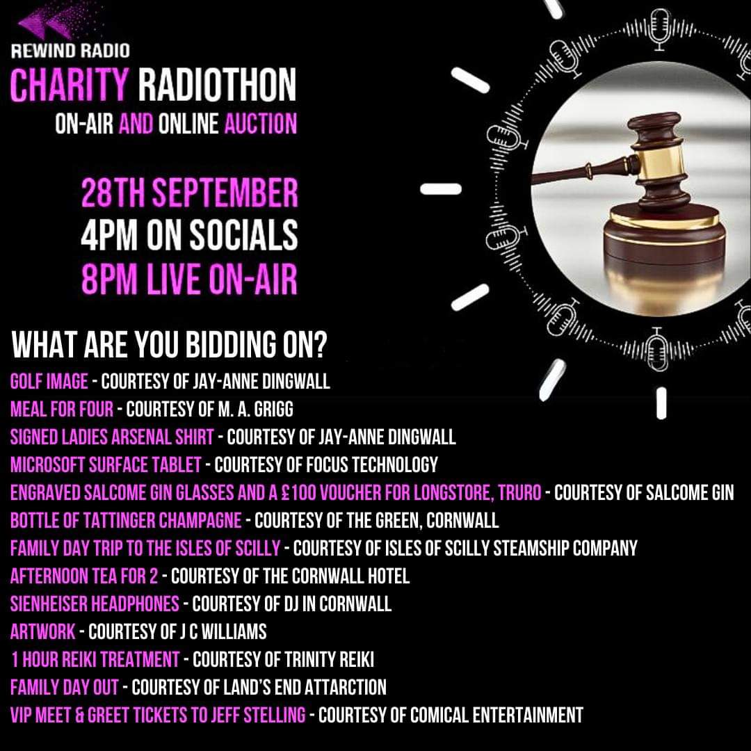 Today is the day <a href="/rwoodsrewind/">Richard Woods</a> undertakes a mammoth challenge of a 26.2 hour broadcast on <a href="/RewindCornwall/">Cornwall’s Rewind Radio</a> raising money for incredible charities <a href="/CHSW/">Children's HospiceSW</a> and <a href="/HDLivin_Charity/">HD Livin'</a>' Please support by donating if you can, and check out some of the auction prizes - rewindradio.co.uk