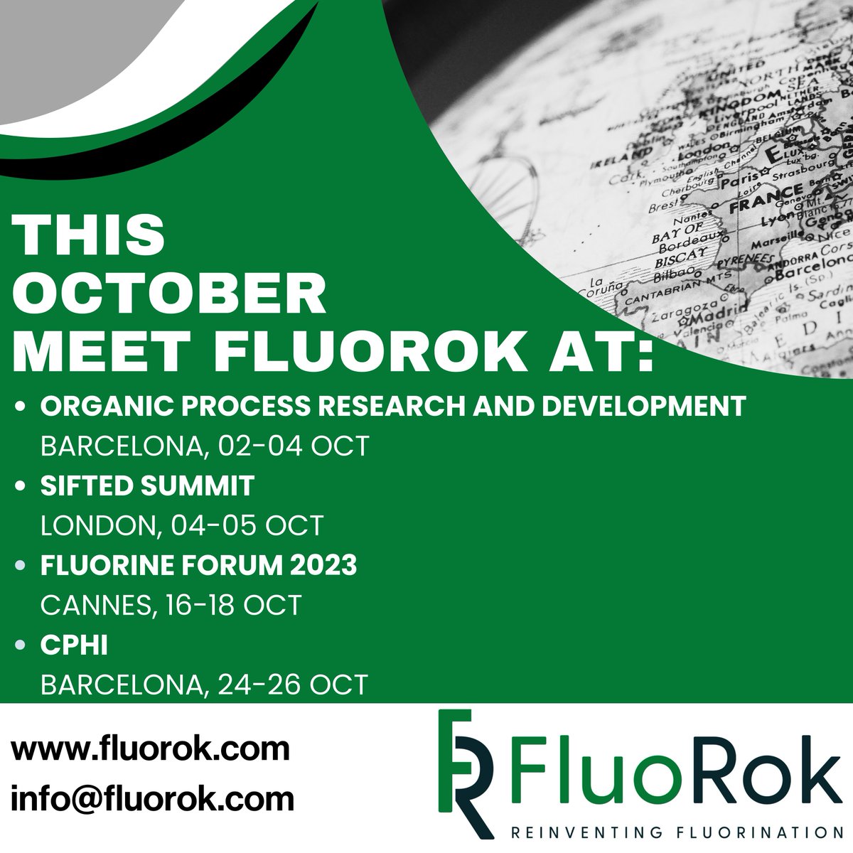 @Fluo_Rok is hitting the road this October. We'd love to chat about how our ground-breaking HF-free fluorination technology will make the world a safer and cleaner place. #oprd #SiftedSummit #fluorine #cphi #fluoRok #fluorination #fluorochemicalrevolution