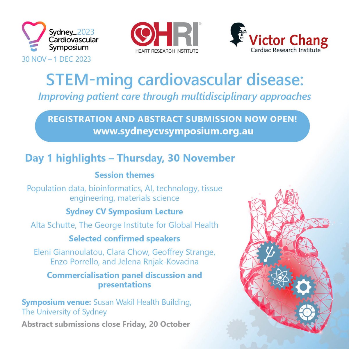 If #populationdata, #bioinformatics, #AI, #technology, #tissueengineering or #materialsscience are your thing, then register for the upcoming Sydney Cardiovascular Symposium to hear from research leaders! sydneycvsymposium.org.au
