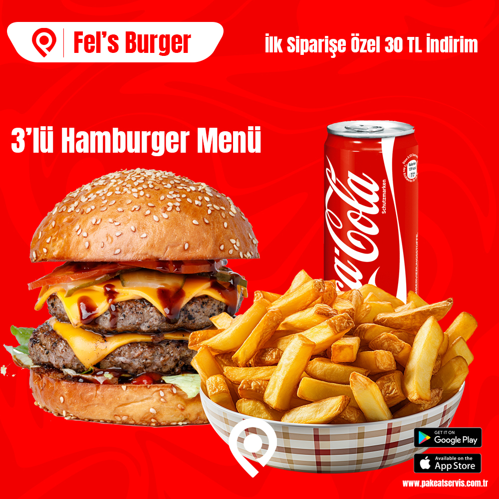 Lezzeti 2 Daha Artsın Diye 2 Kat Hamburger Yaptık.

3'lü Hamburger Menü Pakeat Servis Uygulamasından Hemen Sipariş Ver Kapına Gelsin.

Çıtır Patates Buz Gibi Colasıyla Yanında Hamburgeri Sadece Pakeat Servis Uygulamasında

İLK SİPARİŞE ÖZEL 30 TL İNDİRİM

📞 0850-533-33-70