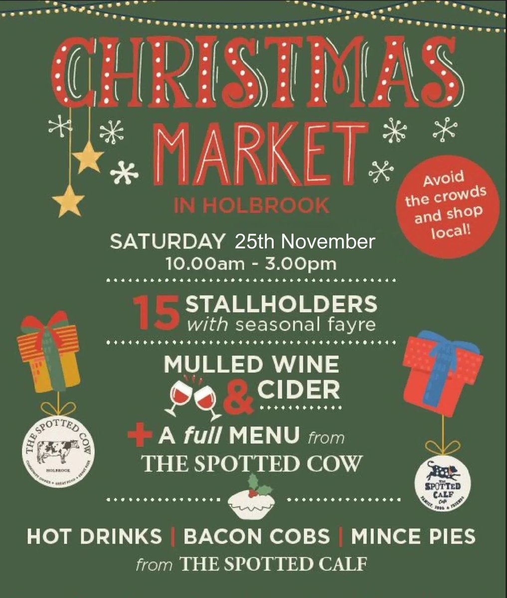 Our Annual Christmas market returns on 25th November. If you'd like a stall please email holbrookcommunitysociety@gmail.com for details! x