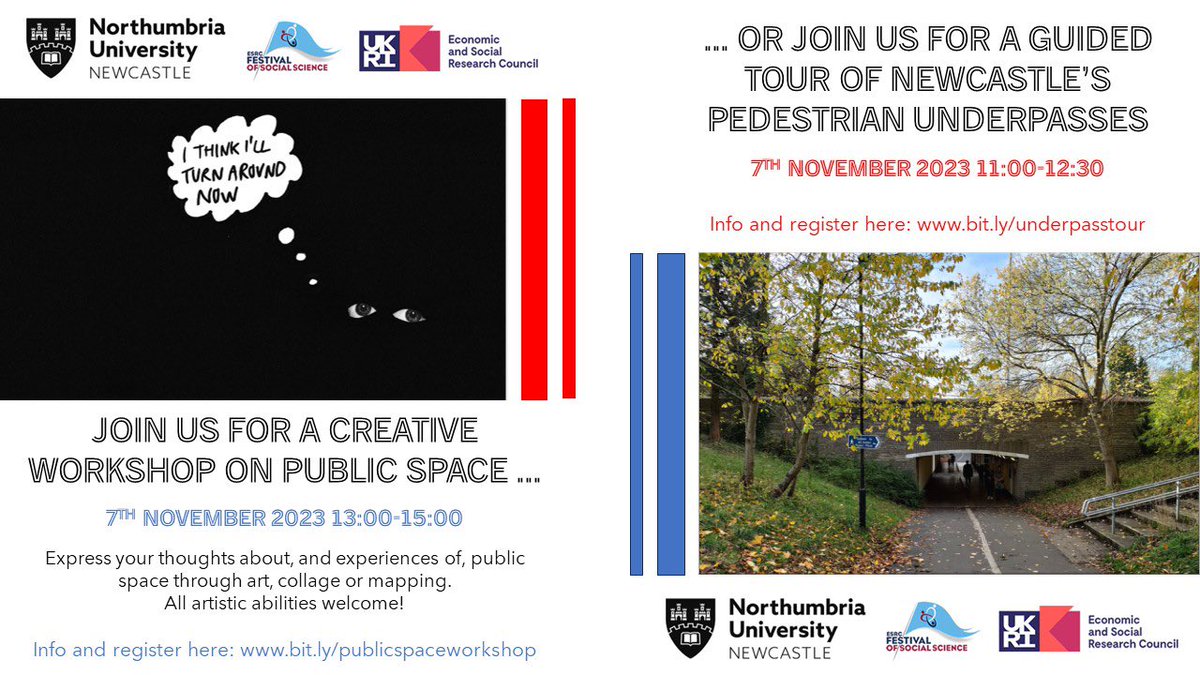 🥳 Ian Cook & I @northumbriauni are hosting two @ESRC Festival of Social Sciences events on experiences of public space. There’s a TOUR (info/register here: bit.ly/underpasstour) and CREATIVE WORKSHOP (info/register: bit.ly/publicspacewor…) Come along to either. All welcome!
