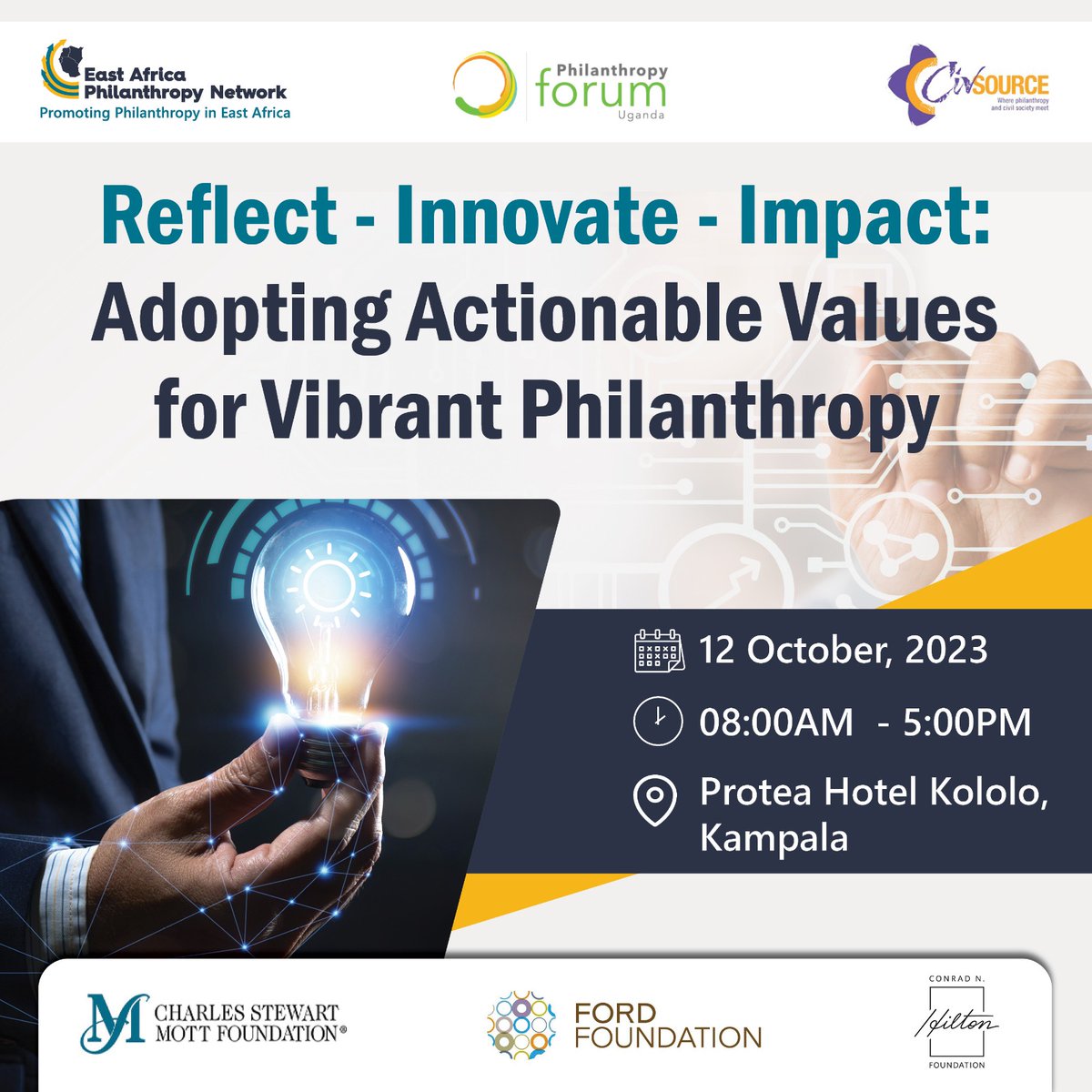 #EAPhilanthropyNetwork (@eaphilanthropy) on Twitter photo Imagine this: On October 12, 2023, as Kampala's streets will buzz with life, the Protea Hotel Kololo will hum with a different energy - where sparks of fresh ideas are poised to flourish!🎉
Collaborating with <a href="/CivsourceAfrica/">CivSource Africa</a> , we're setting the stage for a grand play titled, Imagine this: On October 12, 2023, as Kampala's streets will buzz with life, the Protea Hotel Kololo will hum with a different energy - where sparks of fresh ideas are poised to flourish!🎉
Collaborating with <a href="/CivsourceAfrica/">CivSource Africa</a> , we're setting the stage for a grand play titled,