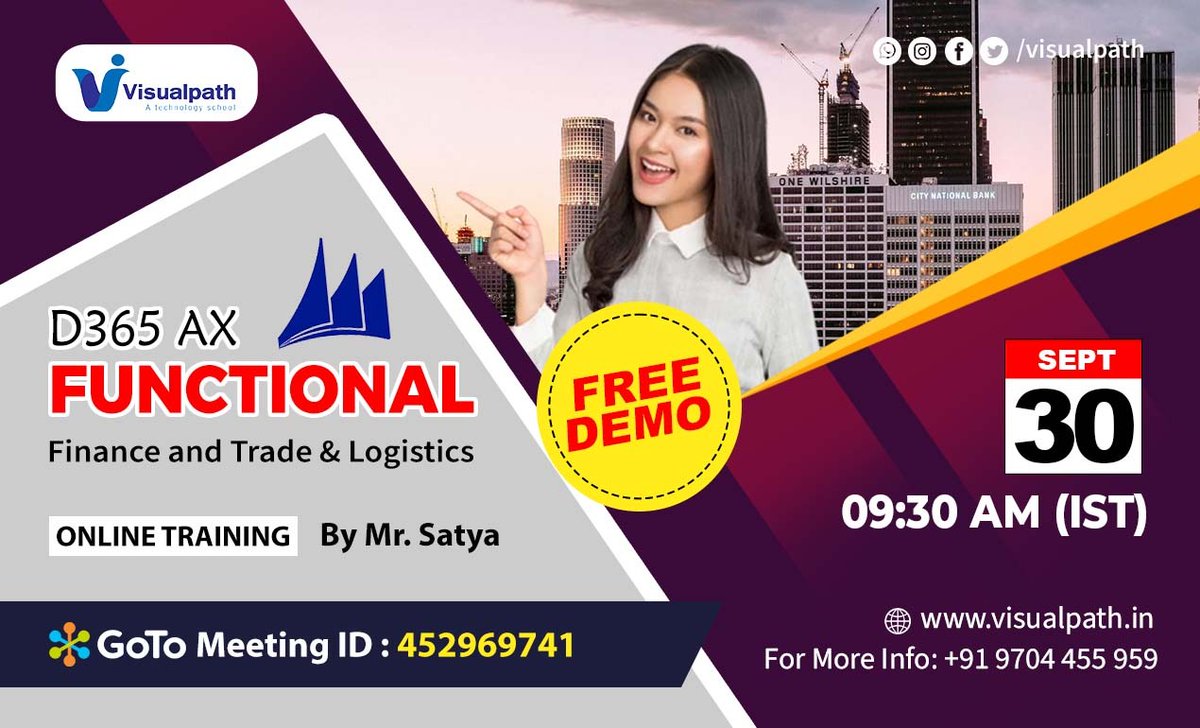 VisualpathPro's tweet image. 👉Join Now: bit.ly/3ro02IW
👉Attend New Online Demo On AX Functional D365 Finance  (T&amp;amp;L) by Mr. Satya.
📅Demo on: 30th SEPT @ 9:30 AM (IST).
📲Contact us: +91 9704455959.
Visit: visualpath.in/dynamics-d365-…
#axfunctional #D365 #axfunctionald365 #Trade #finance #Dynamics365