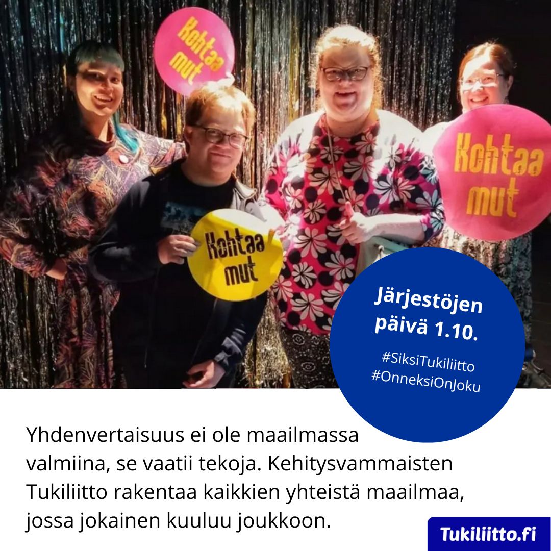 tukiliitto's tweet photo. Kohtaa mut -sanapari ilmaisee Tukiliiton strategian, vision ja mission kahdella sanalla. Toimintamme on tarkoitettu kaikille samankaltaista tukea tarvitseville, diagnoosiin katsomatta. 
#SiksiTukiliitto #OnneksiOnJoku #järjestöjenpäivä #KohtaaMut https://t.co/o1dxFWFJF2