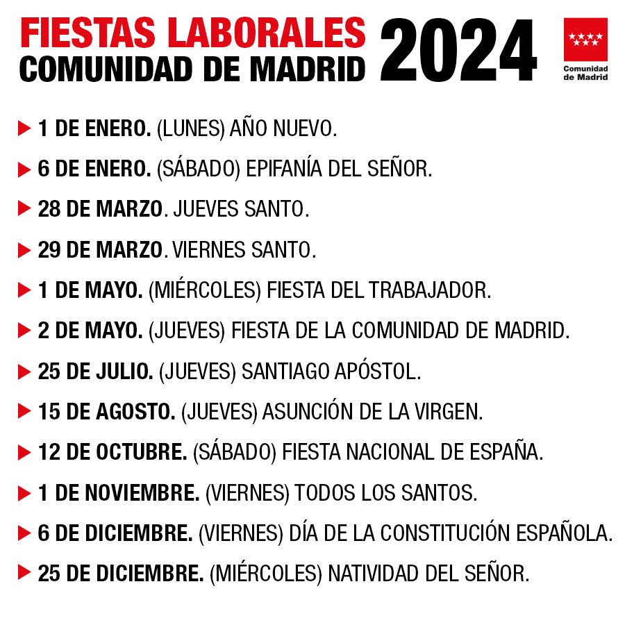 📅 ¡Ya hay #CalendarioLaboral 2024 para la Comunidad de Madrid!

🔸Contará con un total de 14 días festivos, de los que dos serán locales y serán fijados por cada ayuntamiento.

➡️Consulta los festivos: ow.ly/aory50PQv4m