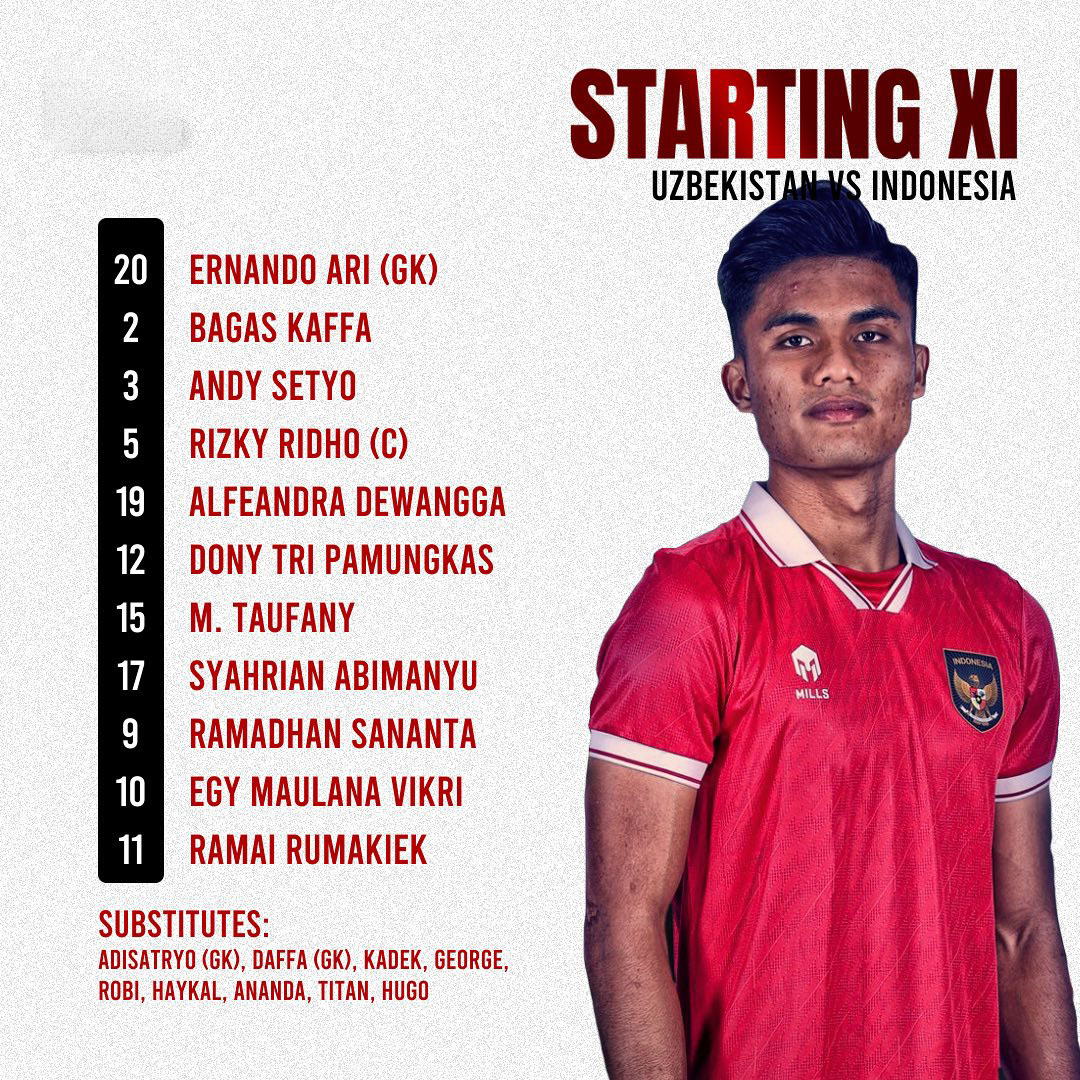 STARTING XI‼️

Sebelas pertama timnas Indonesia U24 vs Uzbekistan di 16 besar Asian Games 2022

Sananta langsung starter 🔥🦅