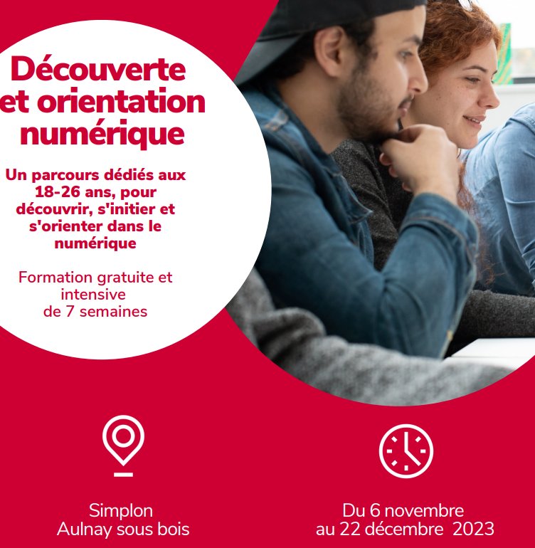 Notre partenaire Simplon.co lance  un parcours 100% jeunes, de découverte des métiers du numérique: un programme gratuit et intensif de 7 semaines pour leur permettre de découvrir les métiers du numérique, 
Inscription ici  bit.ly/3PY9z2U