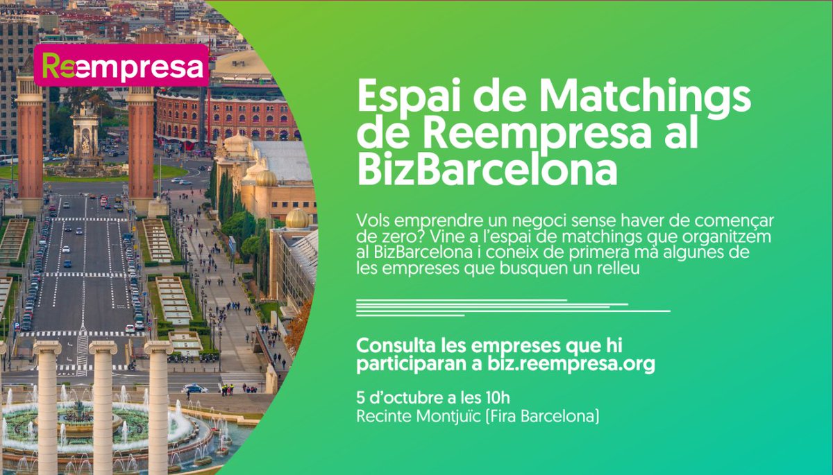 Reempresa's tweet photo. Des de #Reempresa hem organitzat un espai de #matchings el 5 d’octubre al @bizabarcelona. Demana una cita amb l’empresa que vulguis i resol els dubtes amb la persona cedent 🤝

Consulta les empreses que hi assistiran i inscriu-te a l’espai de matchings 👉 https://t.co/4P8EUaZgpM https://t.co/dp8fsURlvd