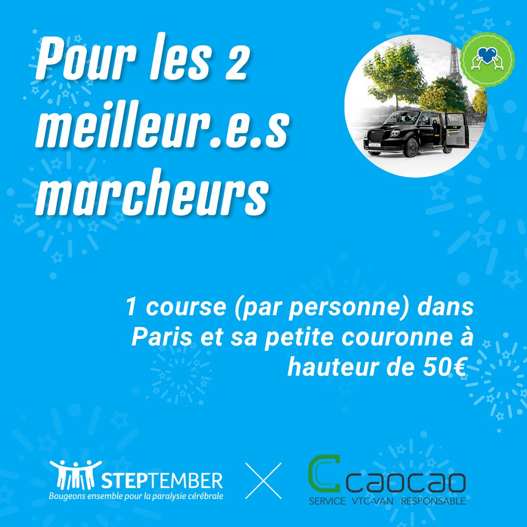 🚗 Cette année, le service de VTC Caocao Mobility Paris participe pour la première fois au défi STEPtember et offre généreusement des lots aux participants du challenge. Un grand merci à @CaocaoMobility ! 💚 #paralysiecerebrale #STEPtemberFR #FondationPC #caocao #caocaomobility
