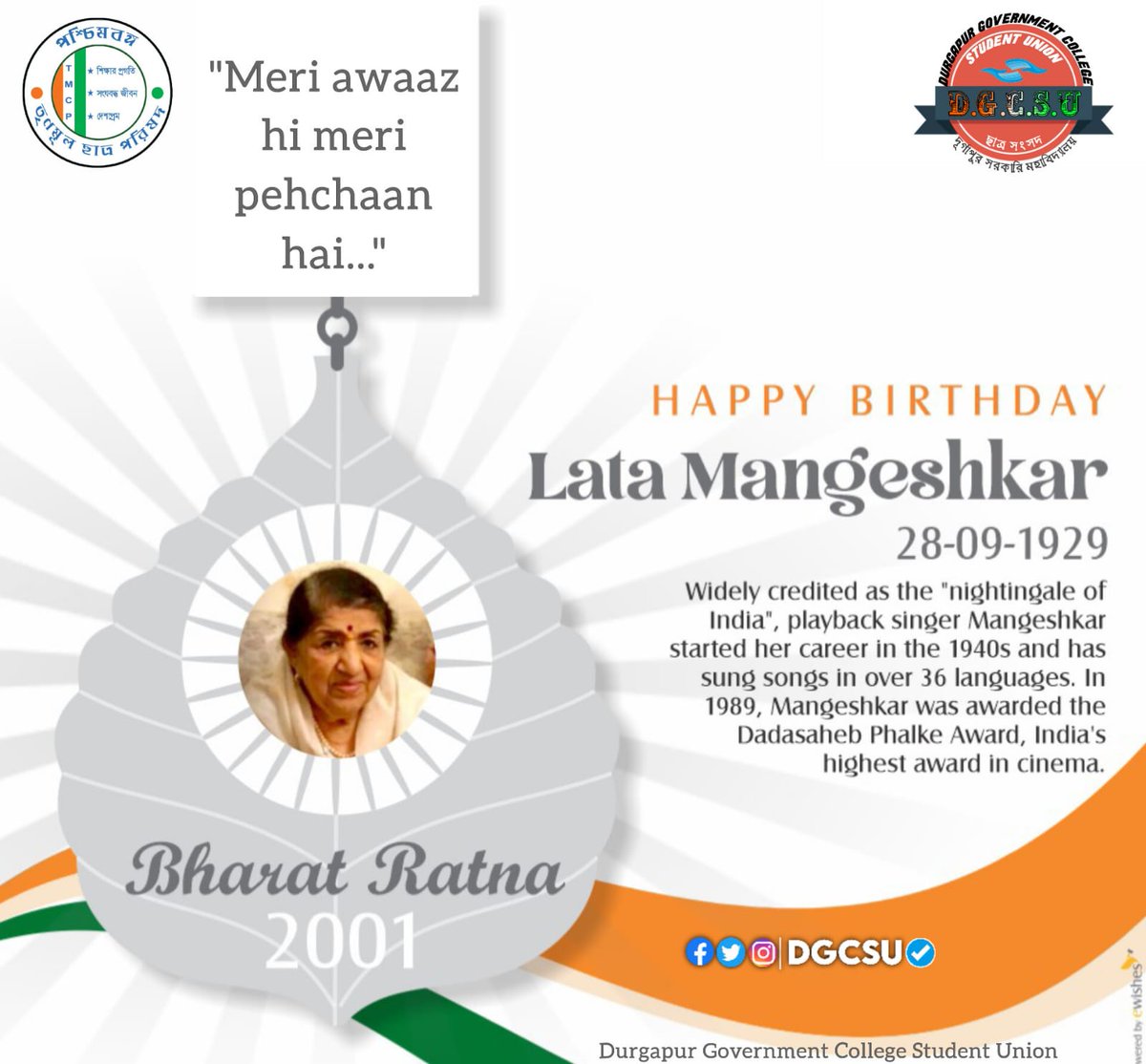 DGCSUtmcp's tweet photo. "Remembering the legendary Lata Mangeshkar on her birth anniversary. Her voice continues to enchant us all. 🎶🌟

#DGCSU #TMCP #LataMangeshkar #BirthAnniversary #IndianSinger #BollywoodSinger #BirthdayPost #InLovingMemory #Legend https://t.co/fqPwTTfXWs