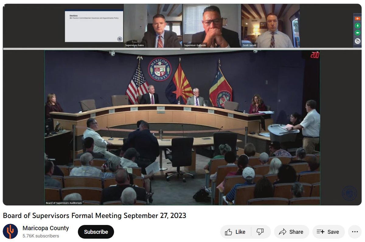 MaricopaGOP's tweet photo. MCRC Chairman Craig Berland attended the 9/27/2023 Maricopa County Board of Supervisors meeting to address matters relating to MCRC Precinct Committeemen, seeking a win-win-win arrangement for all parties involved, driven by "MCRC 1st" & "PCs 1st."
#MCRC #UnitedWeStand #BeAPC https://t.co/EIyUaHHvYs