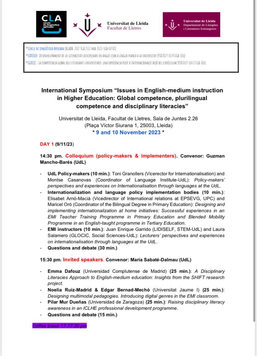 UdLCLA's tweet photo. We are thrilled to announce that #CLAUdL is hosting the International Symposium: ‘’Issues in English-medium instruction in Higher Education: Global competence, plurilingual competence and disciplinary literacies’’ (9-10 Nov 2023). https://t.co/21o40MuTwp
