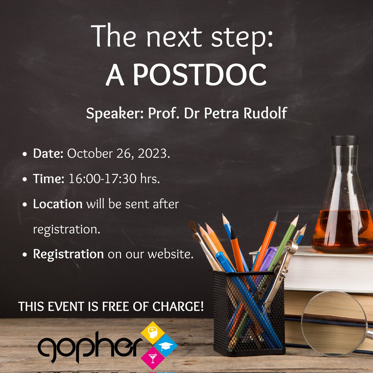 Are you looking for a new step after your PhD?

Then join us in our event 🌟 Prof. Petra Rudolf will answer your questions about this new challenge!

#GopherGroningen #PhD #Postdoc