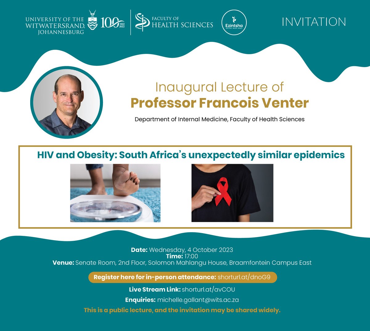 Exciting News! Professor Francois Venter's Inaugural Lecture is just around the corner, and you're invited to be a part of this momentous occasion! 🎉 #Dischem #JHBTraffic #wits In-person attendance registration: forms.office.com/r/8wht7wbX0F Live stream URL: youtu.be/rTHo714vgDE