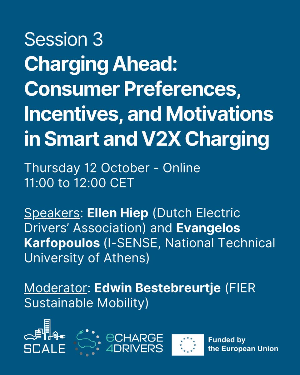 scaleproject_'s tweet image. 𝙎𝙖𝙫𝙚 𝙩𝙝𝙚 𝙙𝙖𝙩𝙚: SCALE&apos;s 3rd webinar is in 2 weeks!

Co-organised with @Charge4E, it will look at consumer preferences, incentives and motivations in smart and V2X Charging. 

⚡12 Oct, 11:00 - 12:00 CET
⚡Two presentations + a panel
⚡️Register:  tinyurl.com/5n7nxh6j