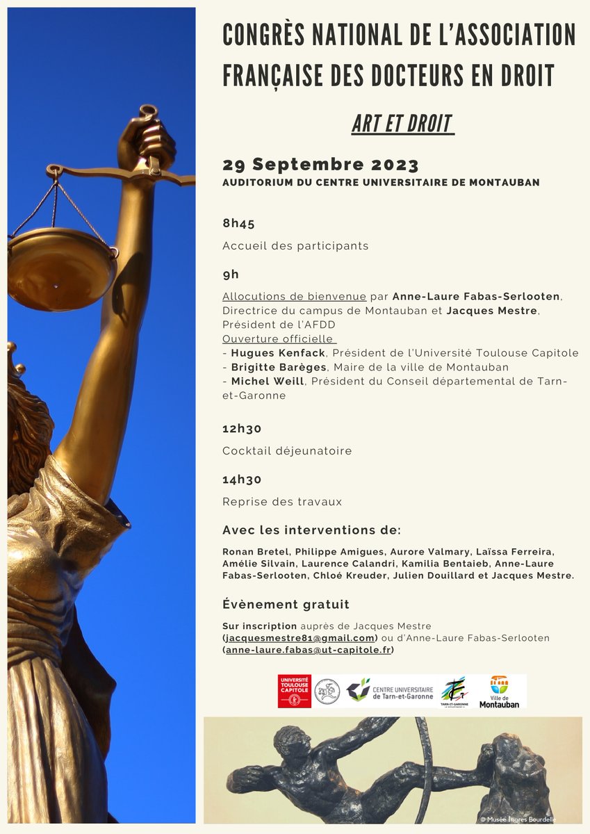 Honoré d'ouvrir demain le Congrès de l'Association française des docteurs en droit qui se tiendra à Montauban et aura pour thème "Droit et art". 

Mon rapport introductif flirtant avec la théorie du droit posera cette question : "Droit de l'art, qu'est-ce à dire ?"