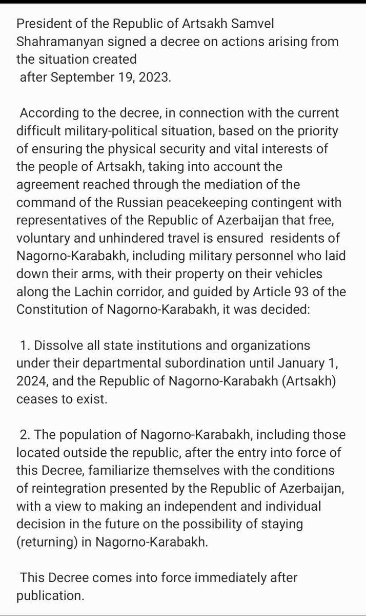 AliyevaMenzer's tweet photo. Game is over! 🇦🇿
So-called “Republic” of Nagorno-Karabakh ceases to exist. All the institutions and organisations under it will be dissolved by Jan 1, 2024. 
#KarabakhisAzerbaijan https://t.co/eUuJHq8mbE