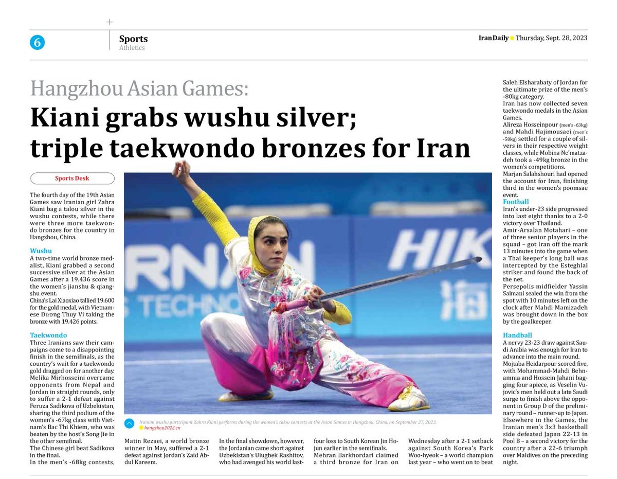 IranDailyWeb's tweet photo. The fourth day of the #19thAsianGames saw #Iranian girl #ZahraKiani bag a #talou silver in the #Wushu contests, in #Hangzhou, #China. https://t.co/sOUuASNMrq https://t.co/YfQCwerGMa