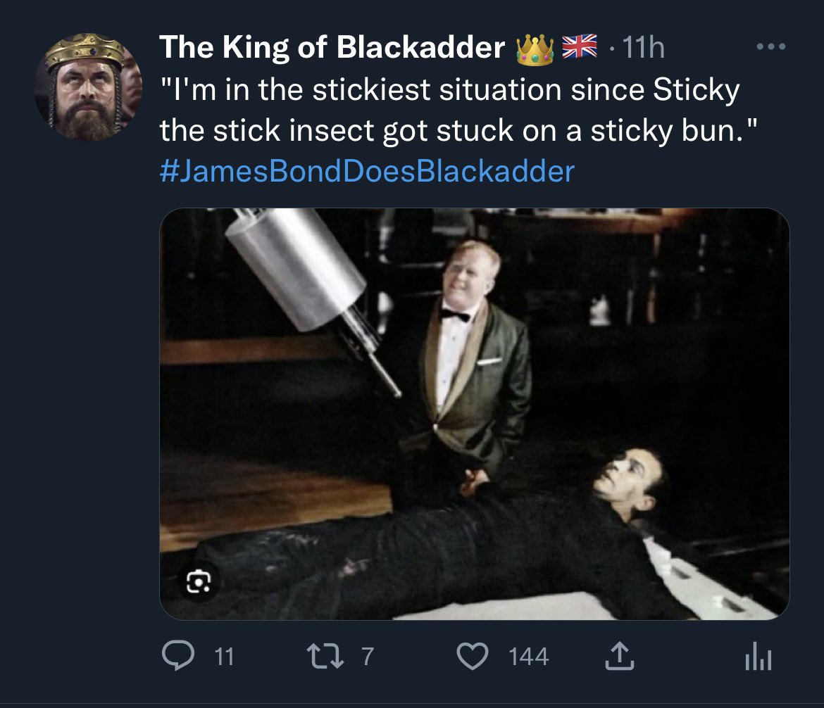 pitchblacksteed's tweet photo. FOLLOWER CHALLENGE: Apply a Blackadder quote to a James Bond photo or gif in reply to this tweet. Add the hashtag #JamesBondDoesBlackadder

I will RT the best ones.

I've kicked things off with this👇🏼 to give you the idea... https://t.co/ppwVoX680b