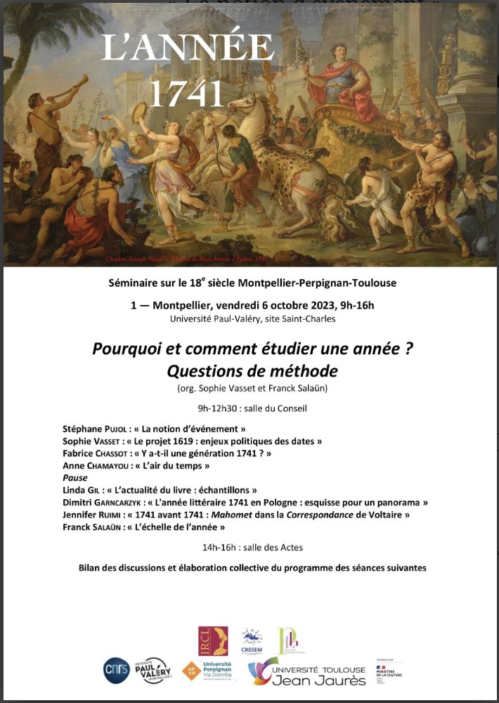 IRCL Montpellier (@irclmontpellier) on Twitter photo Première séance du séminaire sur le XVIIIe siècle Montpellier/Perpignan/Toulouse le Vendredi 7 Octobre à <a href="/IRCLMontpellier/">IRCL Montpellier</a>
Le séminaire rassemble des spécialistes du XVIIIe de tous horizons autour de l'étude d'une année : 1741
page.hn/e7wgz5 Première séance du séminaire sur le XVIIIe siècle Montpellier/Perpignan/Toulouse le Vendredi 7 Octobre à <a href="/IRCLMontpellier/">IRCL Montpellier</a>
Le séminaire rassemble des spécialistes du XVIIIe de tous horizons autour de l'étude d'une année : 1741
page.hn/e7wgz5