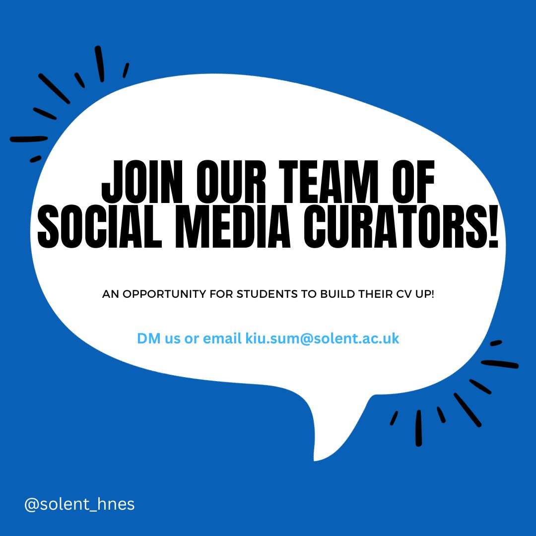 Are you looking to develop your CV?

We want to hear from you!

📢 Calling all current @solentuniversity #health #nutrition & #exercise science students to join our team of social media curators!

📩 Please DM us or email <kiu.sum@solent.ac.uk>

#wearesolent #socialmedia