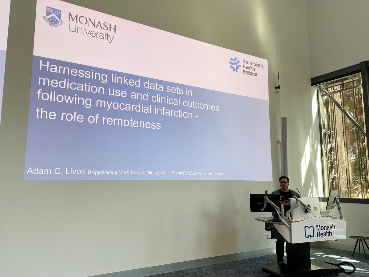 Spectacular🌟 <a href="/MonashVHI/">Monash Victorian Heart Institute</a>  presentation from <a href="/cardiopharmnerd/">Adam Livori</a> today on his PhD research on metro-rural differences in the use of guideline recommended medicines following heart attack 🫀💊

Important research to evaluate clinical practice in the real-world setting