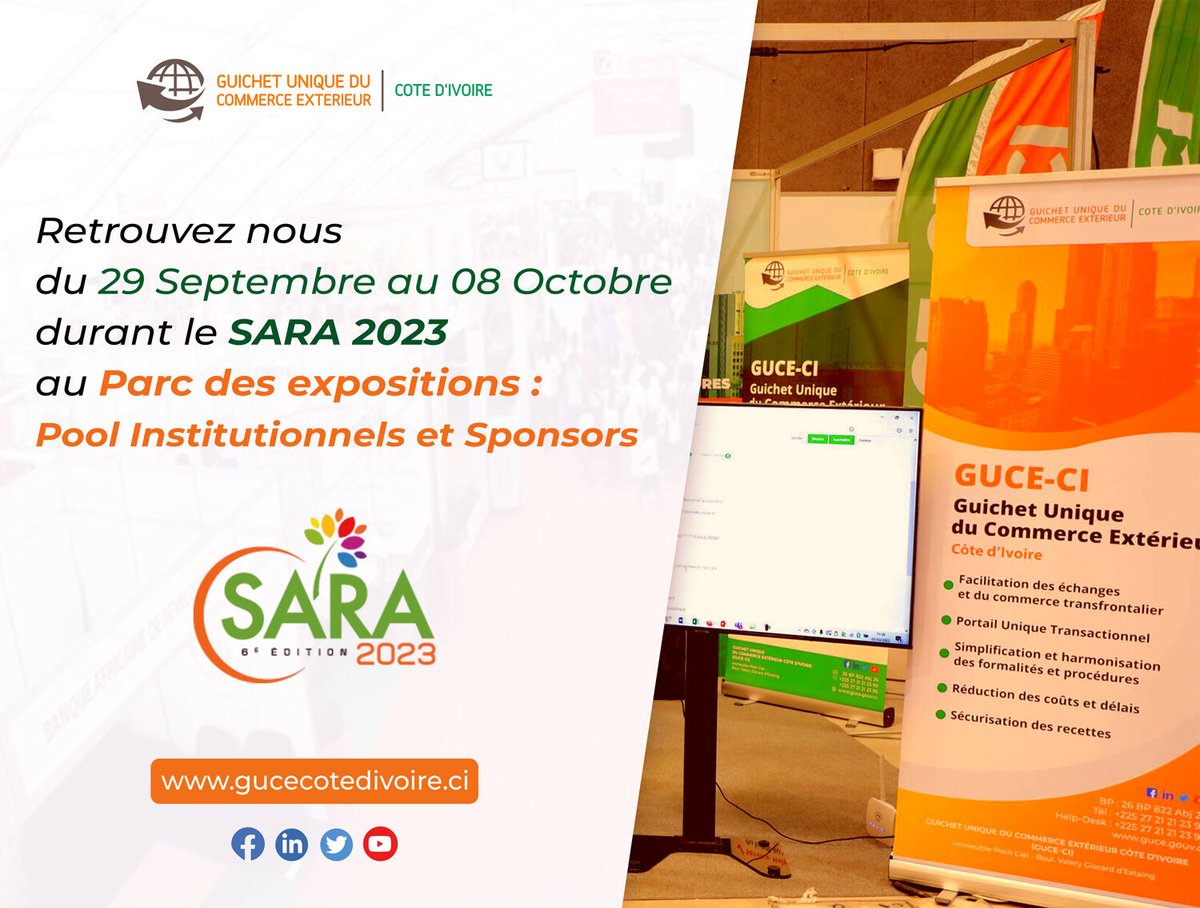 Retrouvez-nous du 29 Septembre au 08 Octobre pendant le SARA 2023 au Parc des expositions : Pool Institutionnels et Sponsors

#sara #SARA2023 #guceci #commerceexterieur #guichetunique