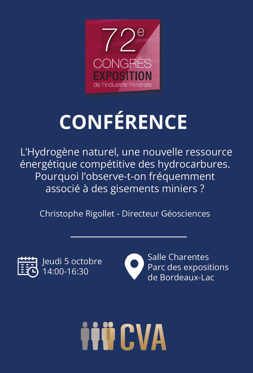 🌍 La semaine prochaine, CVA participera au congrès-exposition de l’industrie minérale à Bordeaux.

Profitez-en pour nous retrouver sur le stand collectif <a href="/PoleAvenia/">PoleAvenia</a> , n° J21 - Pôle Minier !

Toutes les infos 👉 shorturl.at/hsSW7

#SIM #Geothermal #Hydrogen #Environment