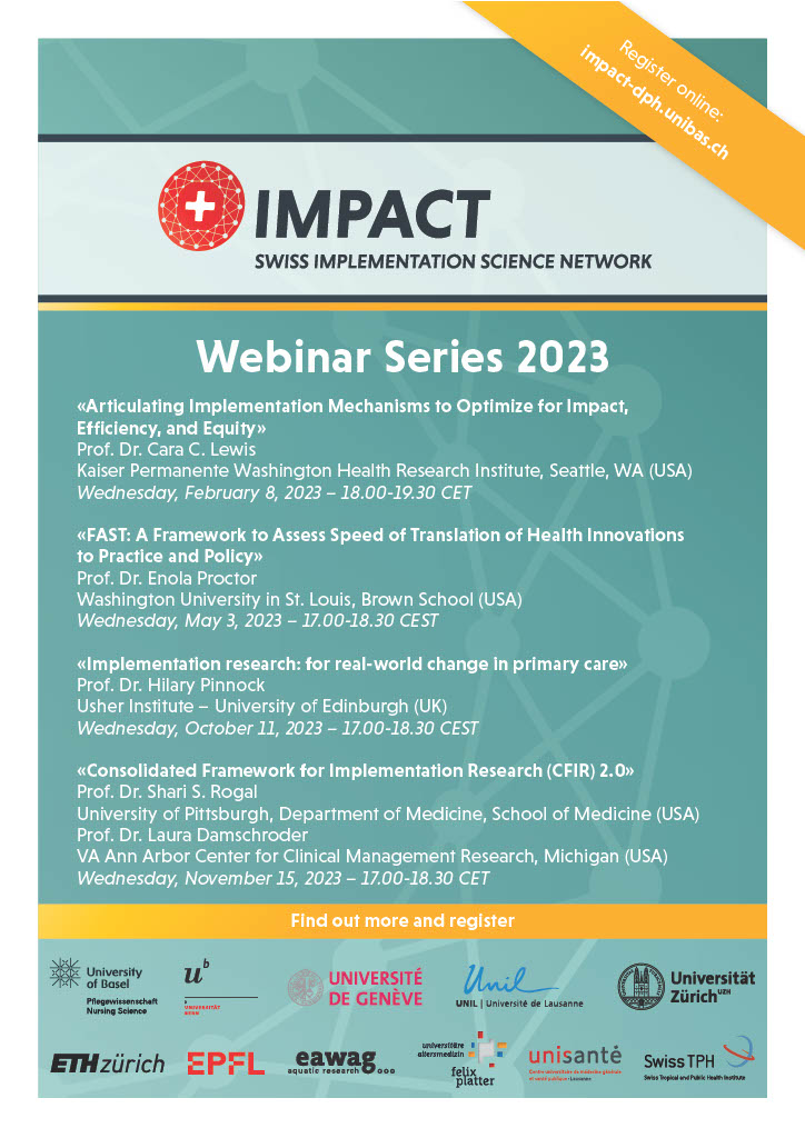 IMPACT - Swiss Implementation Science Network (@impact_swiss) on Twitter photo Can`t get enough of #ImpSci?💡Join the IMPACT Implementation Science Webinar Series 2023 with various exciting topics! 📷impact-dph.unibas.ch/events/
❗️Please note the last webinar has been rescheduled from Nov 22 to Nov 15! 🗓️
@NursingUnibas <a href="/SwissTPH/">Swiss TPH</a> @implementEIC <a href="/IfIS_UZH/">Institute for Implementation Science in HealthCare</a> Can`t get enough of #ImpSci?💡Join the IMPACT Implementation Science Webinar Series 2023 with various exciting topics! 📷impact-dph.unibas.ch/events/
❗️Please note the last webinar has been rescheduled from Nov 22 to Nov 15! 🗓️
@NursingUnibas <a href="/SwissTPH/">Swiss TPH</a> @implementEIC <a href="/IfIS_UZH/">Institute for Implementation Science in HealthCare</a>