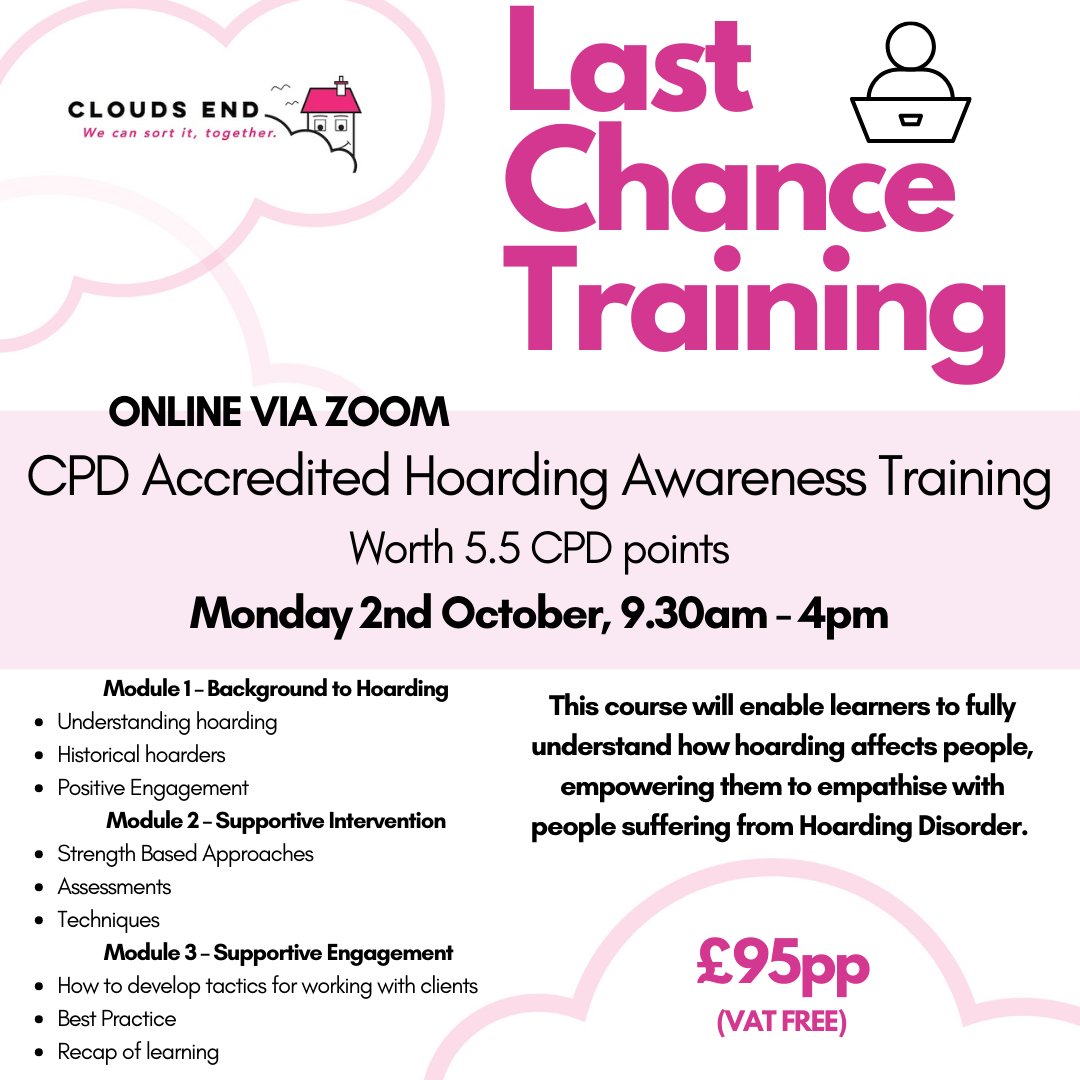 LAST PUBLIC TRAINING FOR 2023🗣️

A few spaces remain on the CPD Accredited Hoarding Awareness Training taking place this Monday✍🏼

More information &amp; booking here - eventbrite.co.uk/e/cpd-accredit…

#hoardingdisorder #hoardingawareness #hoardingsupport #declutter #cpdtraining