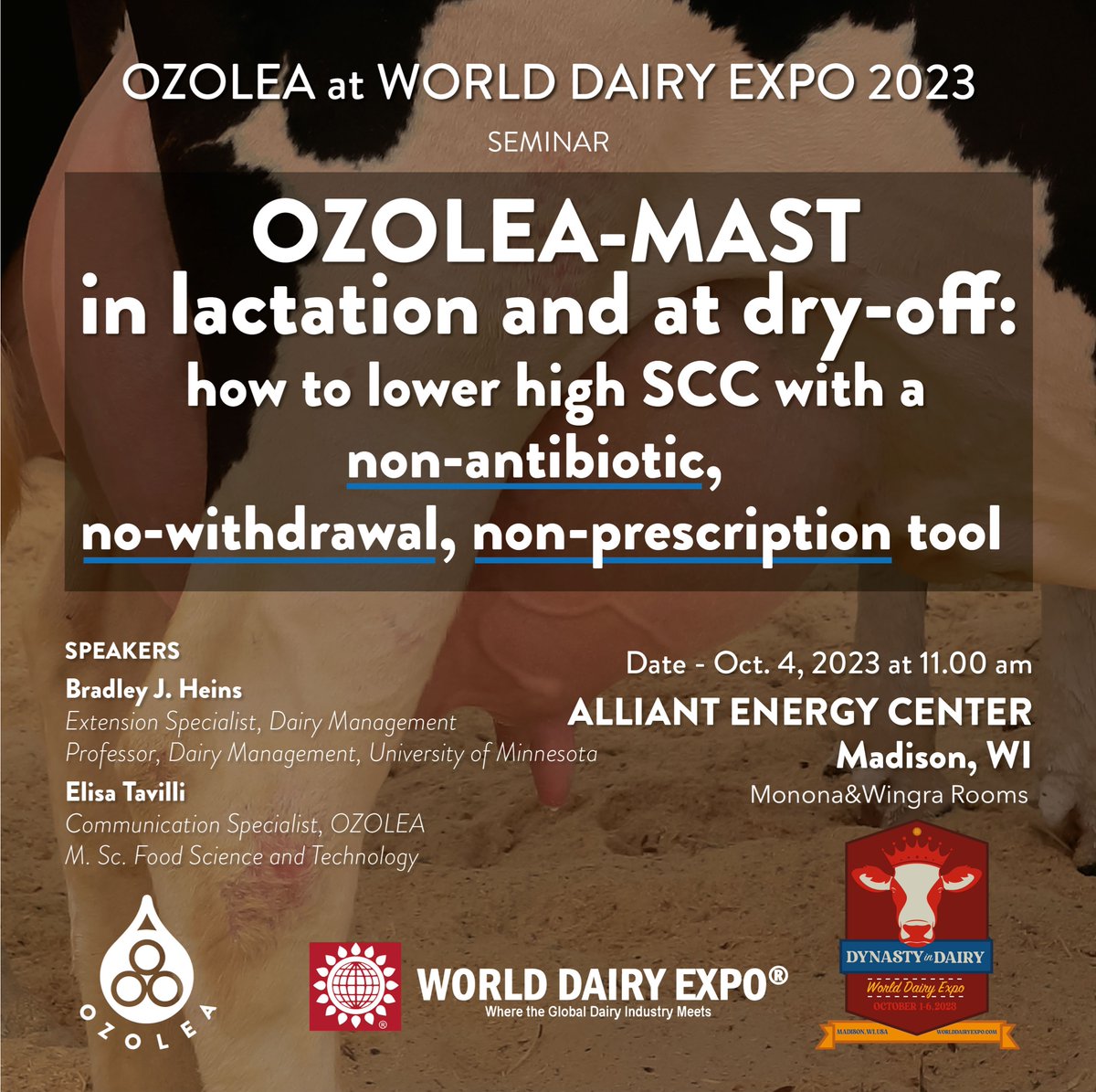 🇺🇸 OZOLEA at World Dairy Expo 2023 🇺🇸

From Oct. 3 to Oct 6, you can find us in the Exhibition Hall at Booth EH 2404 to discuss about the benefits you can achieve in your dairy herd with OZOLEA-MAST! 

Don't miss our seminar 👇

#OZOLEAMAST #WDE23 #dairycattle💧